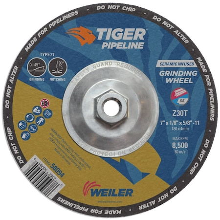 Weiler 7" x 1/8" TIGER Pipeline, Z30T, 5/8"-11 Nut 58094